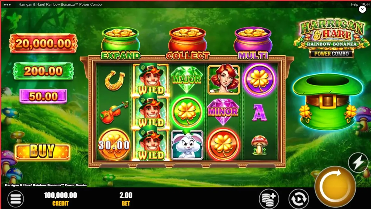 Tampilan visual slot Harrigan & Hare Rainbow Bonanza Power Combo dengan latar belakang perbukitan Irlandia.