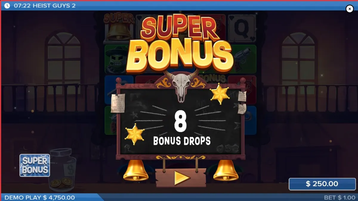 Tampilan visual slot Heist Guys 2 dengan tema koboi dan perampokan