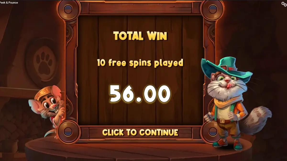 Tampilan visual slot Peek & Pounce dengan karakter kucing dan tikus